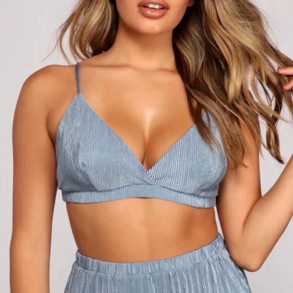 Windsor M Dusty Blue Satin Crinkle Textured Triangle Spaghetti Strap Bralette - Picture 1 of 7